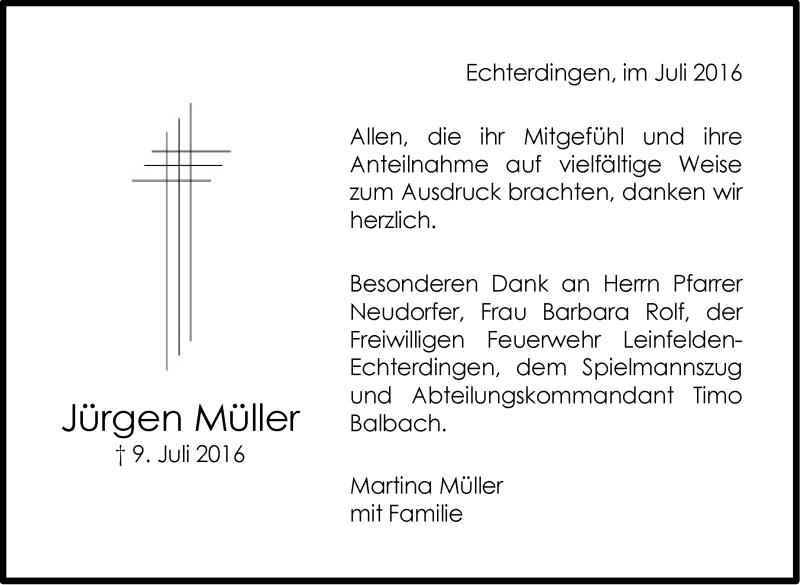  Traueranzeige für Jürgen Müller vom 29.07.2016 aus Stuttgarter Zeitung / Stuttgarter Nachrichten