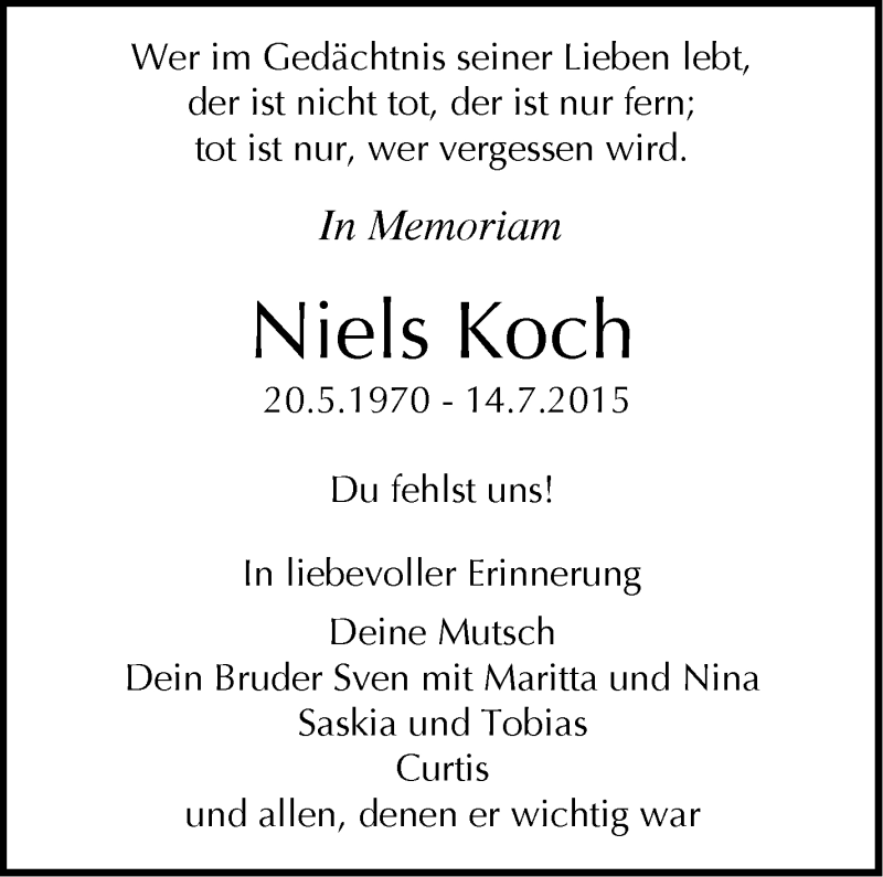  Traueranzeige für Niels Koch vom 14.07.2016 aus Stuttgarter Zeitung / Stuttgarter Nachrichten
