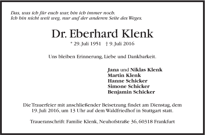  Traueranzeige für Eberhard Klenk vom 16.07.2016 aus Stuttgarter Zeitung / Stuttgarter Nachrichten