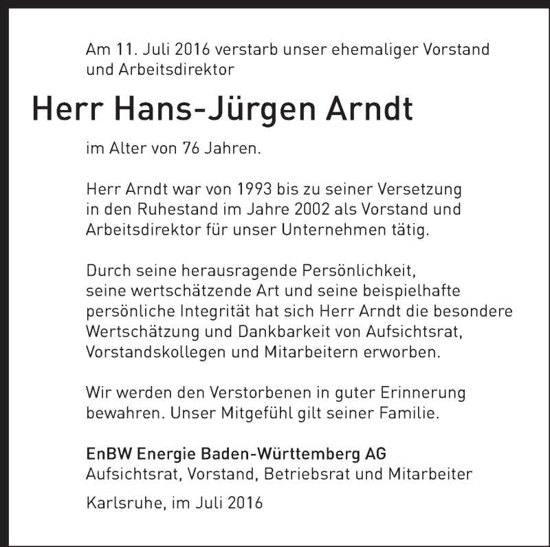  Traueranzeige für Hans-Jürgen Arndt vom 16.07.2016 aus Stuttgarter Zeitung / Stuttgarter Nachrichten