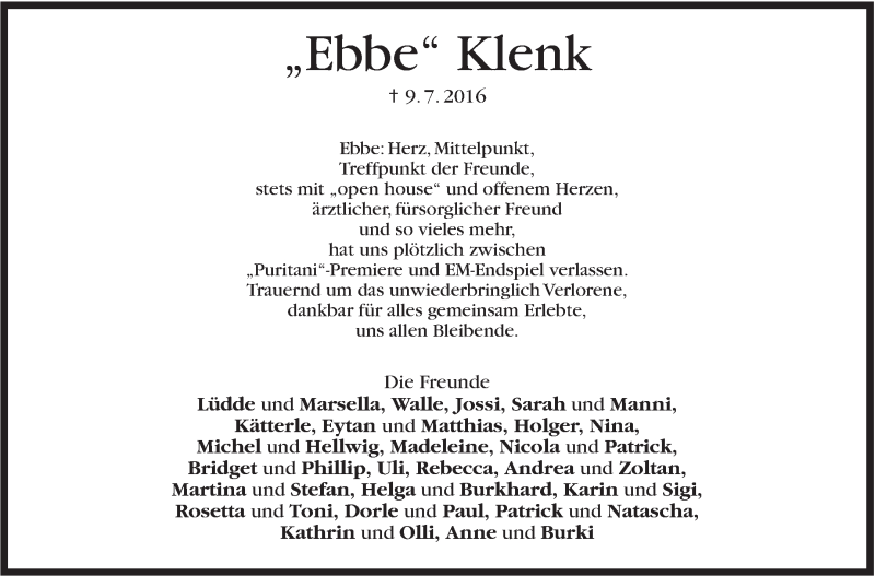  Traueranzeige für Eberhard Klenk vom 19.07.2016 aus Stuttgarter Zeitung / Stuttgarter Nachrichten