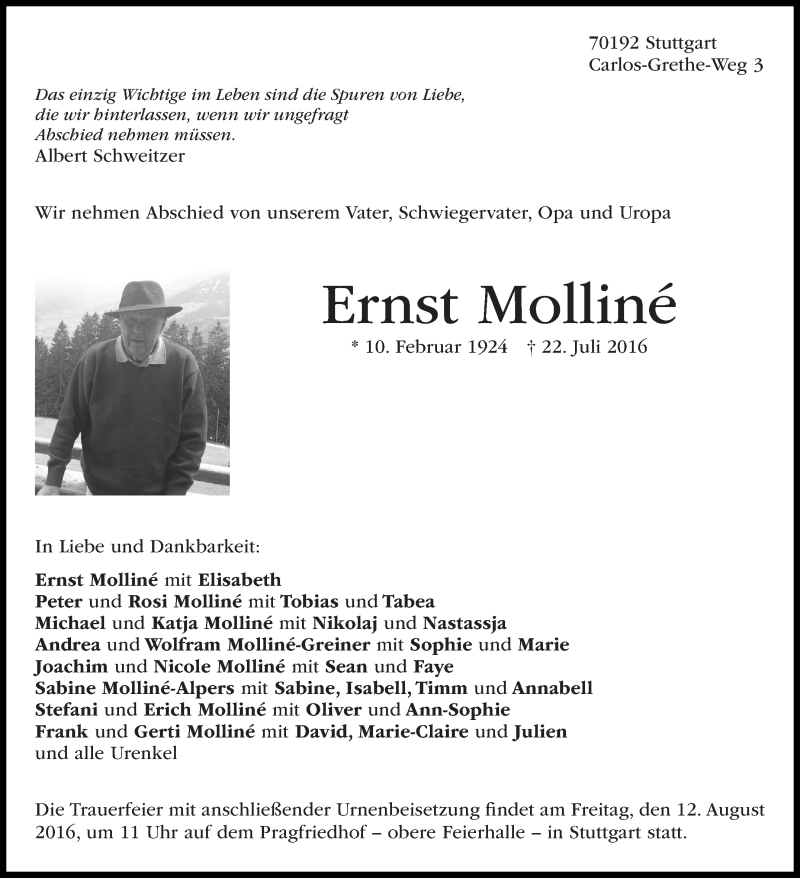  Traueranzeige für Ernst Molliné vom 30.07.2016 aus Stuttgarter Zeitung / Stuttgarter Nachrichten