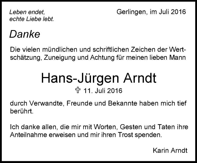  Traueranzeige für Hans-Jürgen Arndt vom 30.07.2016 aus Stuttgarter Zeitung / Stuttgarter Nachrichten