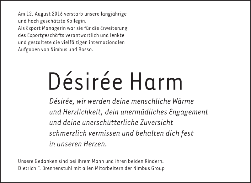  Traueranzeige für Désirée Harm vom 17.08.2016 aus Stuttgarter Zeitung / Stuttgarter Nachrichten