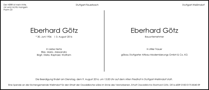 Traueranzeige für Eberhard Götz vom 06.08.2016 aus Stuttgarter Zeitung / Stuttgarter Nachrichten