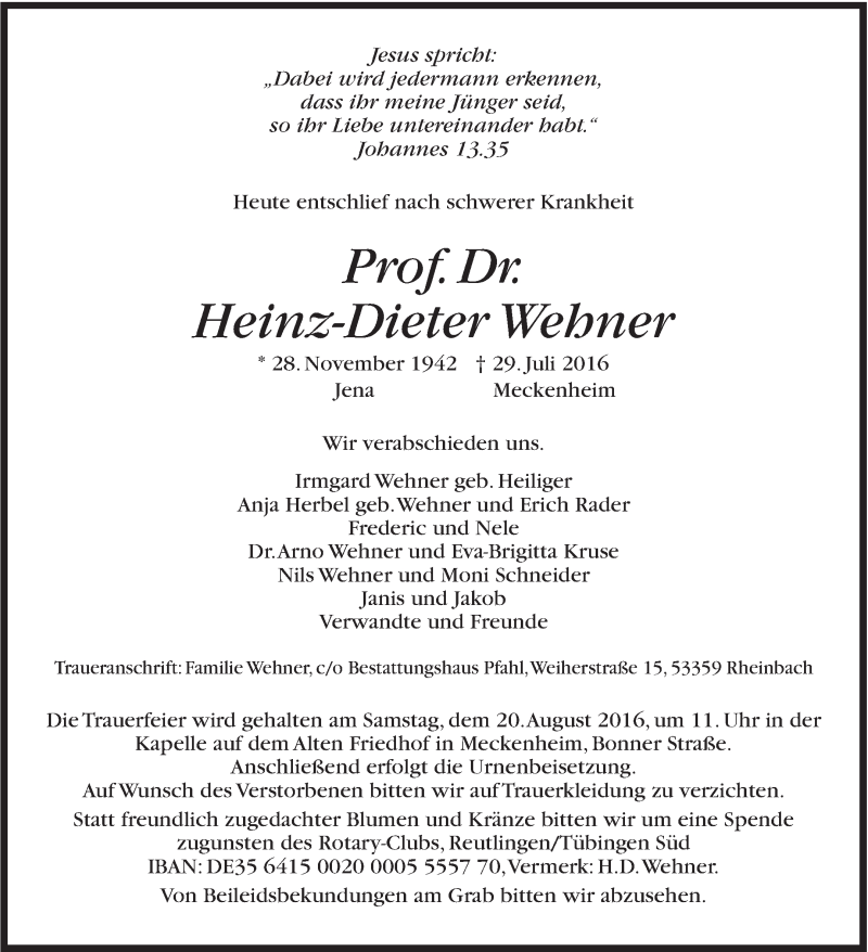  Traueranzeige für Heinz-Dieter Wehner vom 13.08.2016 aus Stuttgarter Zeitung / Stuttgarter Nachrichten