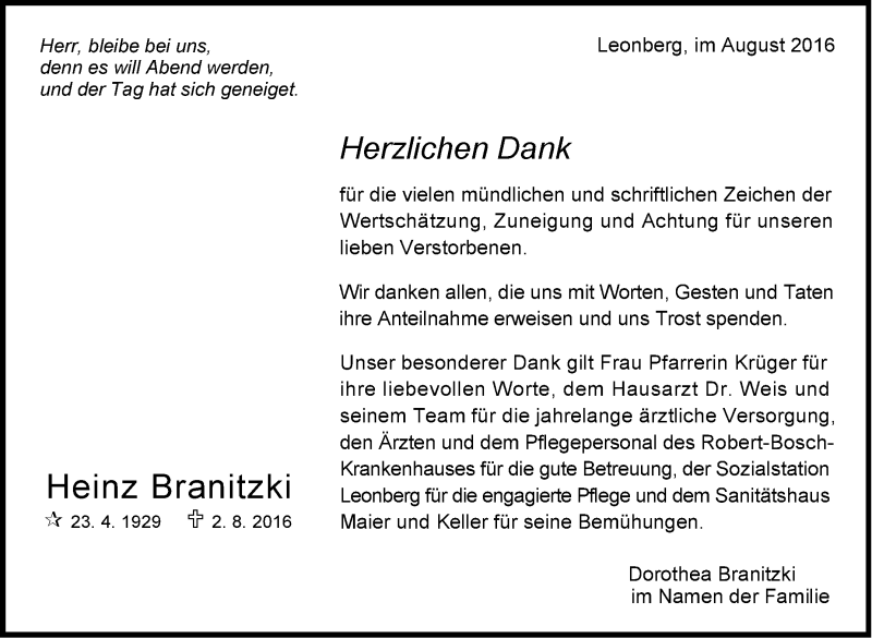  Traueranzeige für Heinz Branitzki vom 20.08.2016 aus Stuttgarter Zeitung / Stuttgarter Nachrichten