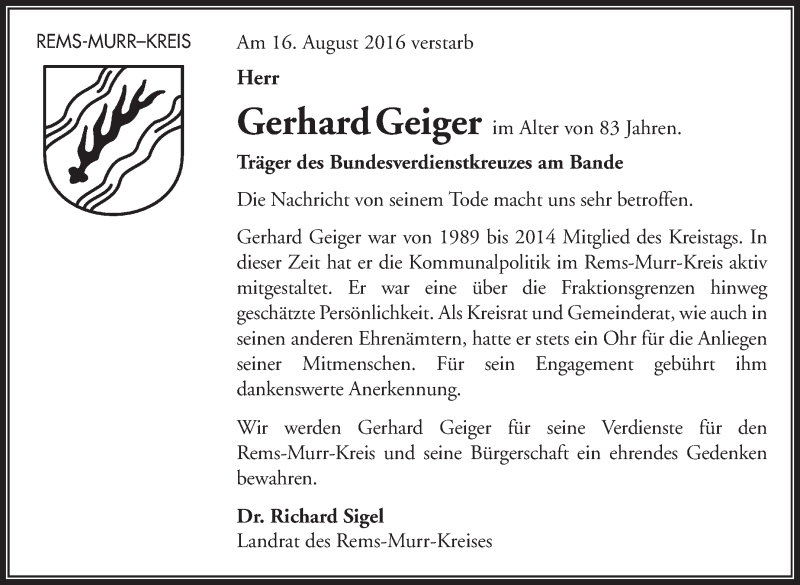  Traueranzeige für Gerhard Geiger vom 20.08.2016 aus Stuttgarter Zeitung / Stuttgarter Nachrichten