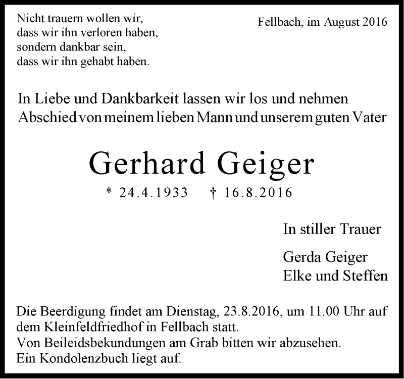  Traueranzeige für Gerhard Geiger vom 20.08.2016 aus Stuttgarter Zeitung / Stuttgarter Nachrichten