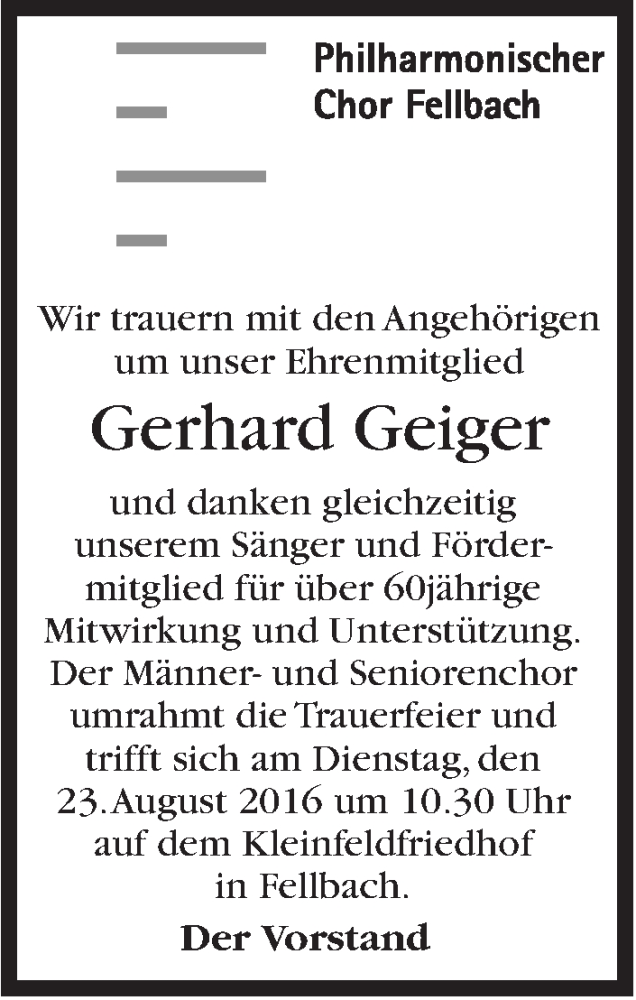  Traueranzeige für Gerhard Geiger vom 23.08.2016 aus Stuttgarter Zeitung / Stuttgarter Nachrichten