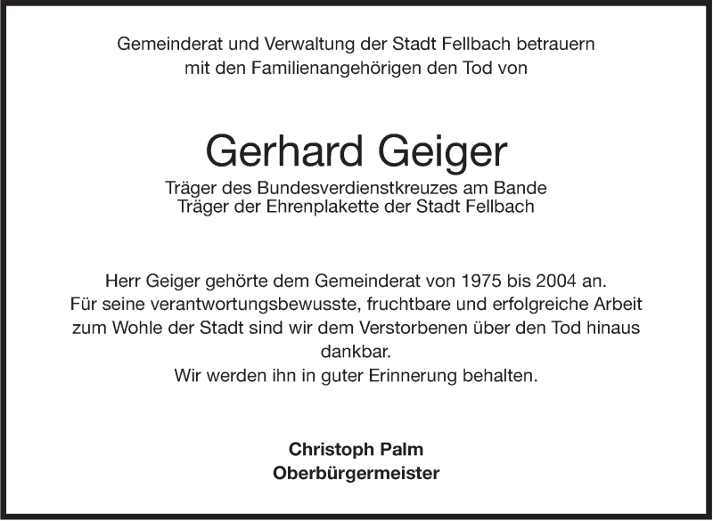  Traueranzeige für Gerhard Geiger vom 20.08.2016 aus Stuttgarter Zeitung / Stuttgarter Nachrichten