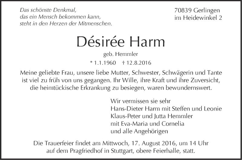  Traueranzeige für Désirée Harm vom 13.08.2016 aus Stuttgarter Zeitung / Stuttgarter Nachrichten