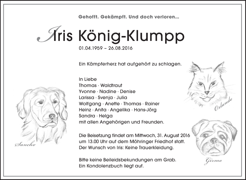  Traueranzeige für Iris König-Klumpp vom 29.08.2016 aus Stuttgarter Zeitung / Stuttgarter Nachrichten