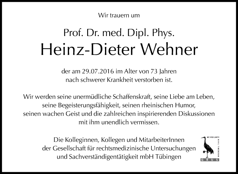  Traueranzeige für Heinz-Dieter Wehner vom 13.08.2016 aus Stuttgarter Zeitung / Stuttgarter Nachrichten