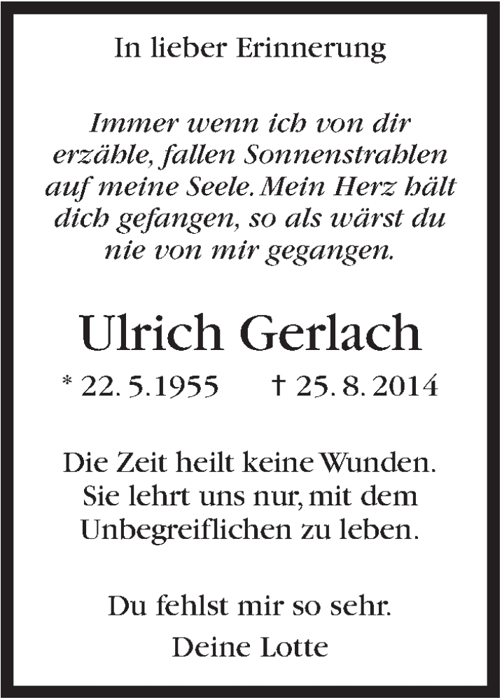  Traueranzeige für Ulrich Gerlach vom 25.08.2016 aus Stuttgarter Zeitung / Stuttgarter Nachrichten