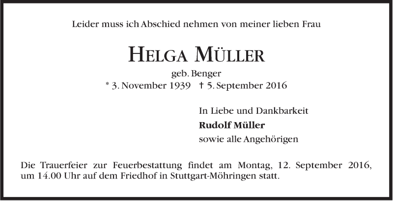  Traueranzeige für Helga Müller vom 08.09.2016 aus Stuttgarter Zeitung / Stuttgarter Nachrichten
