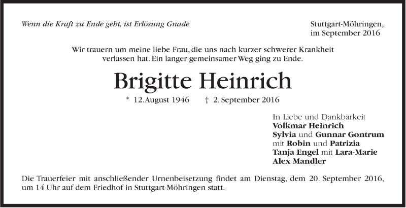  Traueranzeige für Brigitte Heinrich vom 10.09.2016 aus Stuttgarter Zeitung / Stuttgarter Nachrichten