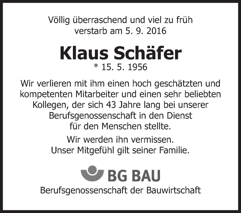  Traueranzeige für Klaus Schäfer vom 15.09.2016 aus Stuttgarter Zeitung / Stuttgarter Nachrichten