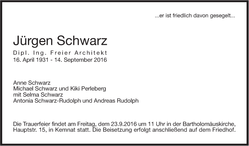  Traueranzeige für Jürgen Schwarz vom 20.09.2016 aus Stuttgarter Zeitung / Stuttgarter Nachrichten