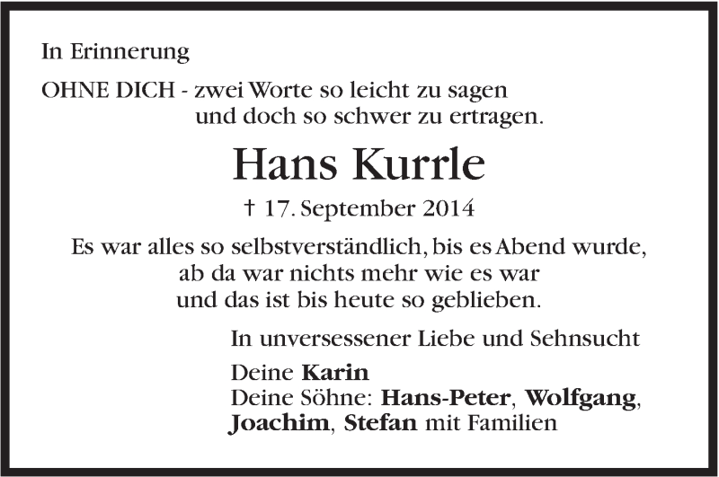  Traueranzeige für Hans Kurrle vom 17.09.2016 aus Stuttgarter Zeitung / Stuttgarter Nachrichten
