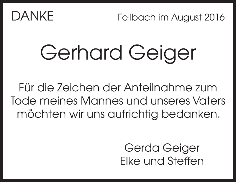  Traueranzeige für Gerhard Geiger vom 03.09.2016 aus Stuttgarter Zeitung / Stuttgarter Nachrichten