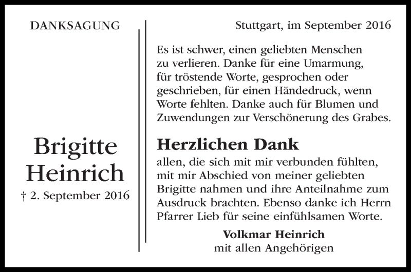  Traueranzeige für Brigitte Heinrich vom 24.09.2016 aus Stuttgarter Zeitung / Stuttgarter Nachrichten