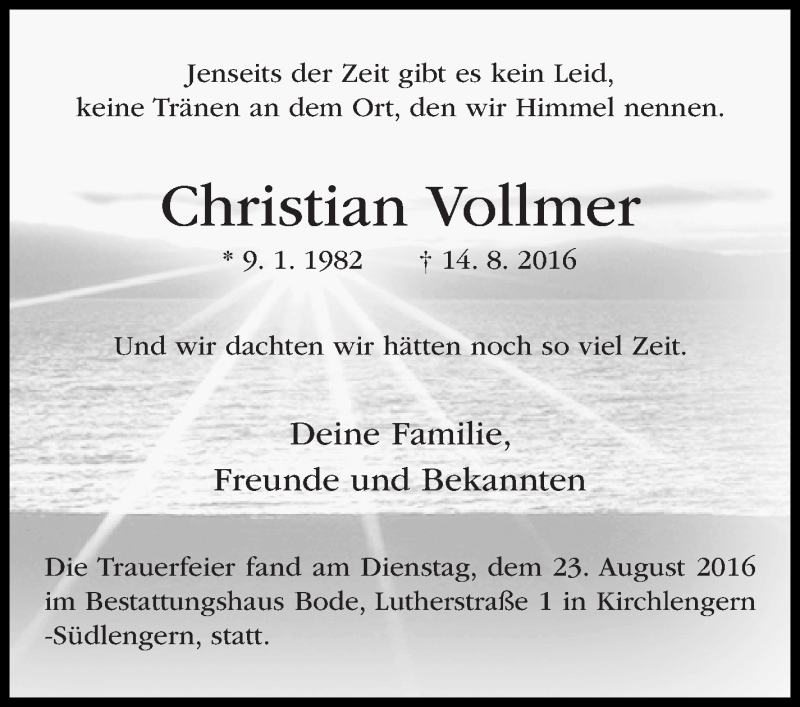  Traueranzeige für Christian Vollmer vom 10.09.2016 aus Stuttgarter Zeitung / Stuttgarter Nachrichten