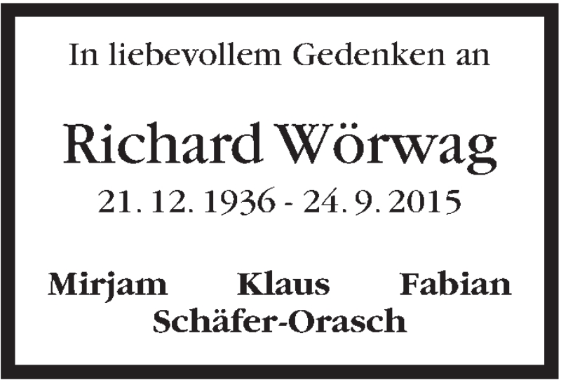  Traueranzeige für Richard Wörwag vom 24.09.2016 aus Stuttgarter Zeitung / Stuttgarter Nachrichten