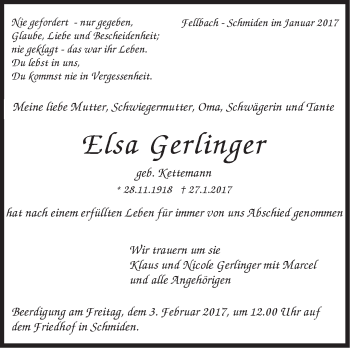 Traueranzeige von Elsa Gerlinger von Stuttgarter Zeitung / Stuttgarter Nachrichten