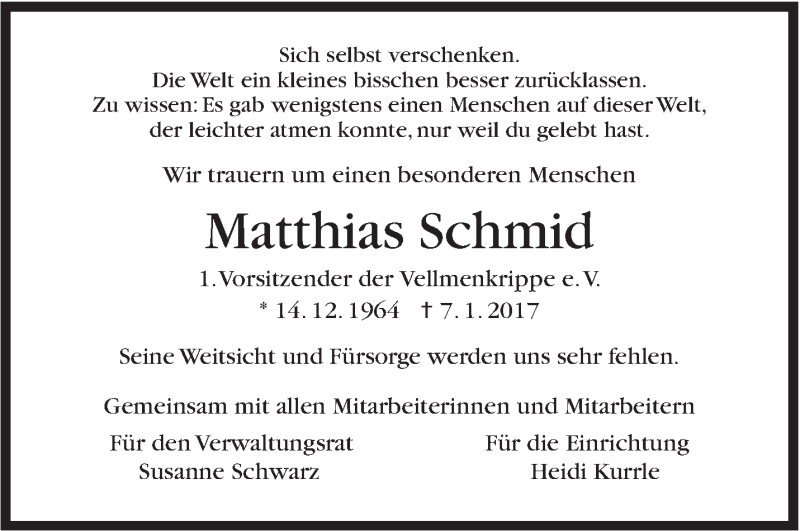  Traueranzeige für Matthias Schmid vom 11.01.2017 aus Stuttgarter Zeitung / Stuttgarter Nachrichten