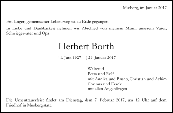 Traueranzeige von Herbert Borth von Stuttgarter Zeitung / Stuttgarter Nachrichten