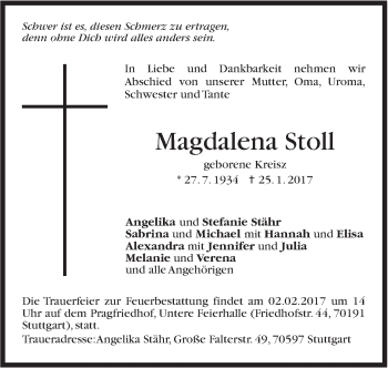 Traueranzeige von Magdalena Stoll von Stuttgarter Zeitung / Stuttgarter Nachrichten