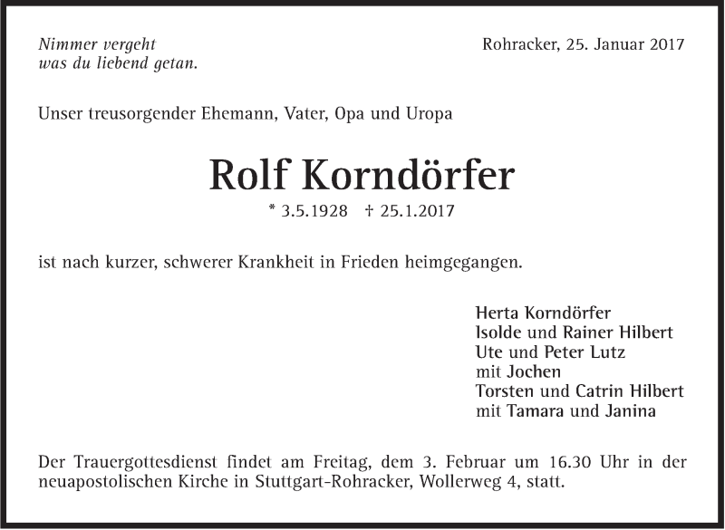  Traueranzeige für Rolf Korndörfer vom 30.01.2017 aus Stuttgarter Zeitung / Stuttgarter Nachrichten