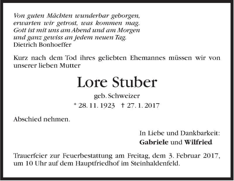 Traueranzeige für Lore Stuber vom 31.01.2017 aus Stuttgarter Zeitung / Stuttgarter Nachrichten