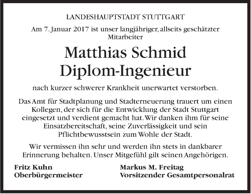  Traueranzeige für Matthias Schmid vom 11.01.2017 aus Stuttgarter Zeitung / Stuttgarter Nachrichten