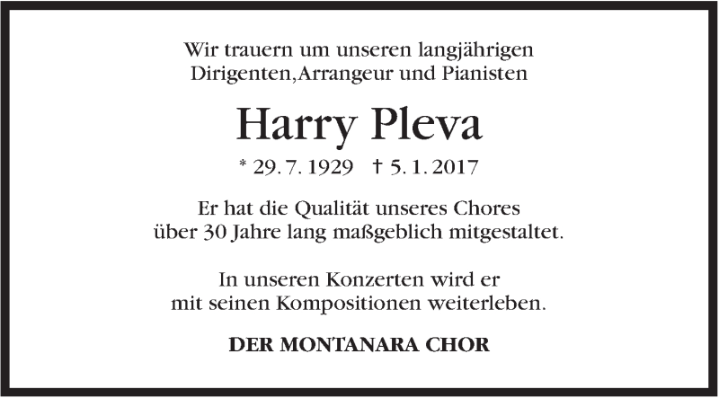  Traueranzeige für Harry Pleva vom 14.01.2017 aus Stuttgarter Zeitung / Stuttgarter Nachrichten