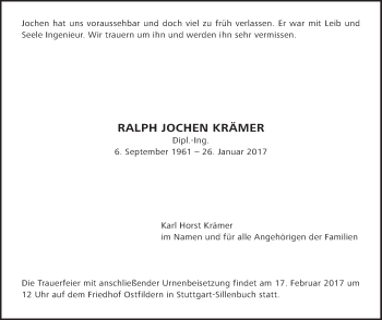 Traueranzeige von Ralph Jochen Krämer von Stuttgarter Zeitung / Stuttgarter Nachrichten