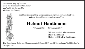Traueranzeige von Helmut Haußmann von Stuttgarter Zeitung / Stuttgarter Nachrichten