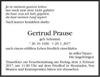 Traueranzeige von Gertrud Prause von Stuttgarter Zeitung / Stuttgarter Nachrichten