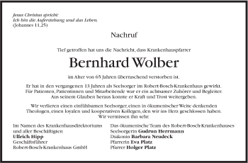 Traueranzeige von Bernhard Wolber von Stuttgarter Zeitung / Stuttgarter Nachrichten