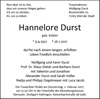 Traueranzeige von Hannelore Durst von Stuttgarter Zeitung / Stuttgarter Nachrichten