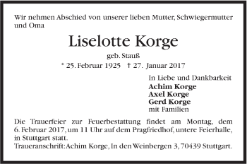 Traueranzeige von Liselotte Korge von Stuttgarter Zeitung / Stuttgarter Nachrichten