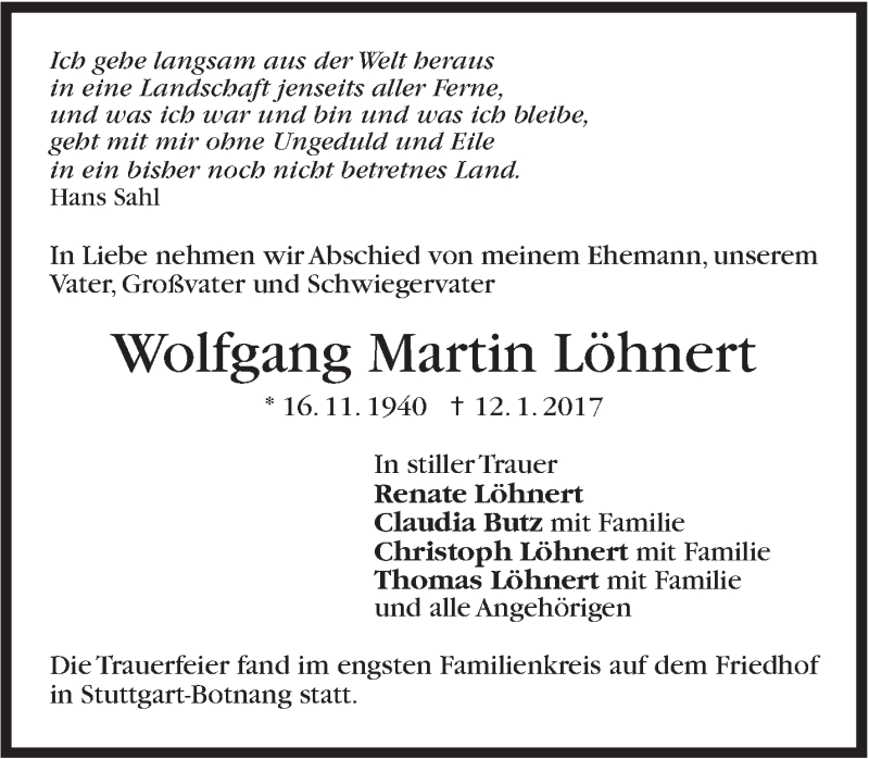  Traueranzeige für Wolfgang Martin Löhnert vom 21.01.2017 aus Stuttgarter Zeitung / Stuttgarter Nachrichten