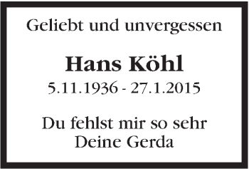 Traueranzeige von Hans Köhl von Stuttgarter Zeitung / Stuttgarter Nachrichten