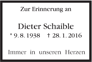 Traueranzeige von Dieter Schaible von Stuttgarter Zeitung / Stuttgarter Nachrichten