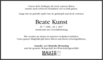 Traueranzeige von Beate Kunst von Stuttgarter Zeitung / Stuttgarter Nachrichten
