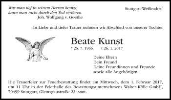 Traueranzeige von Beate Kunst von Stuttgarter Zeitung / Stuttgarter Nachrichten