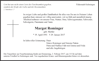 Traueranzeige von Margot Rominger von Stuttgarter Zeitung / Stuttgarter Nachrichten