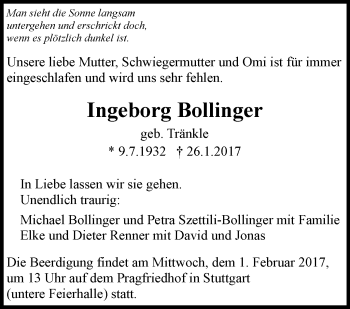 Traueranzeige von Ingeborg Bollinger von Stuttgarter Zeitung / Stuttgarter Nachrichten