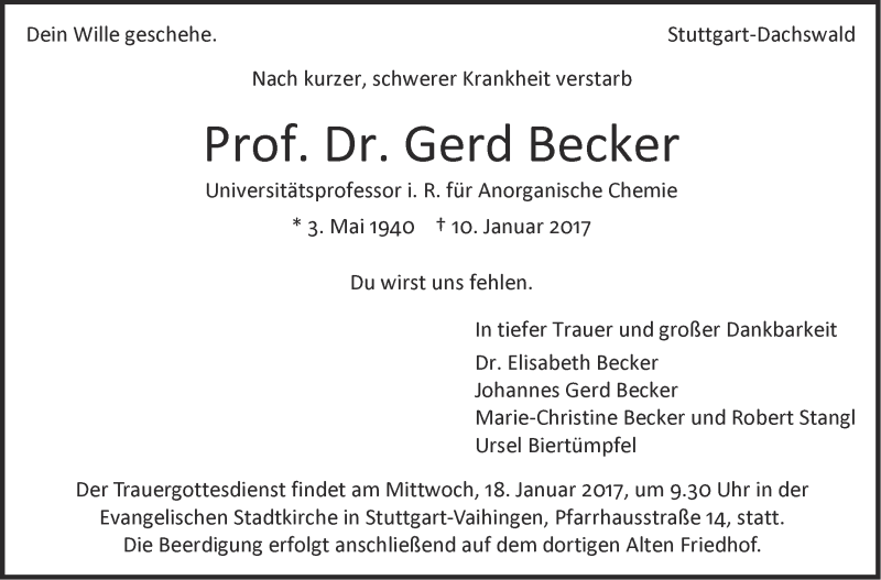  Traueranzeige für Gerd Becker vom 14.01.2017 aus Stuttgarter Zeitung / Stuttgarter Nachrichten